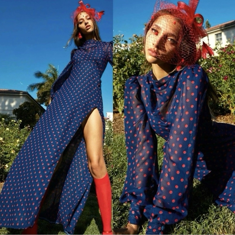 For Love & Lemons Mavis Polkadot Long Sleeve Blue and Red Maxi Dress Sz S